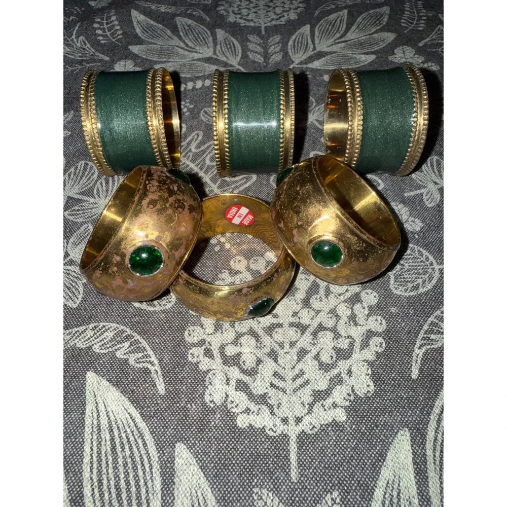 Vintage Brass Napkin Rings Set of 6 Green Enamel Beaded Cabochon Made in India